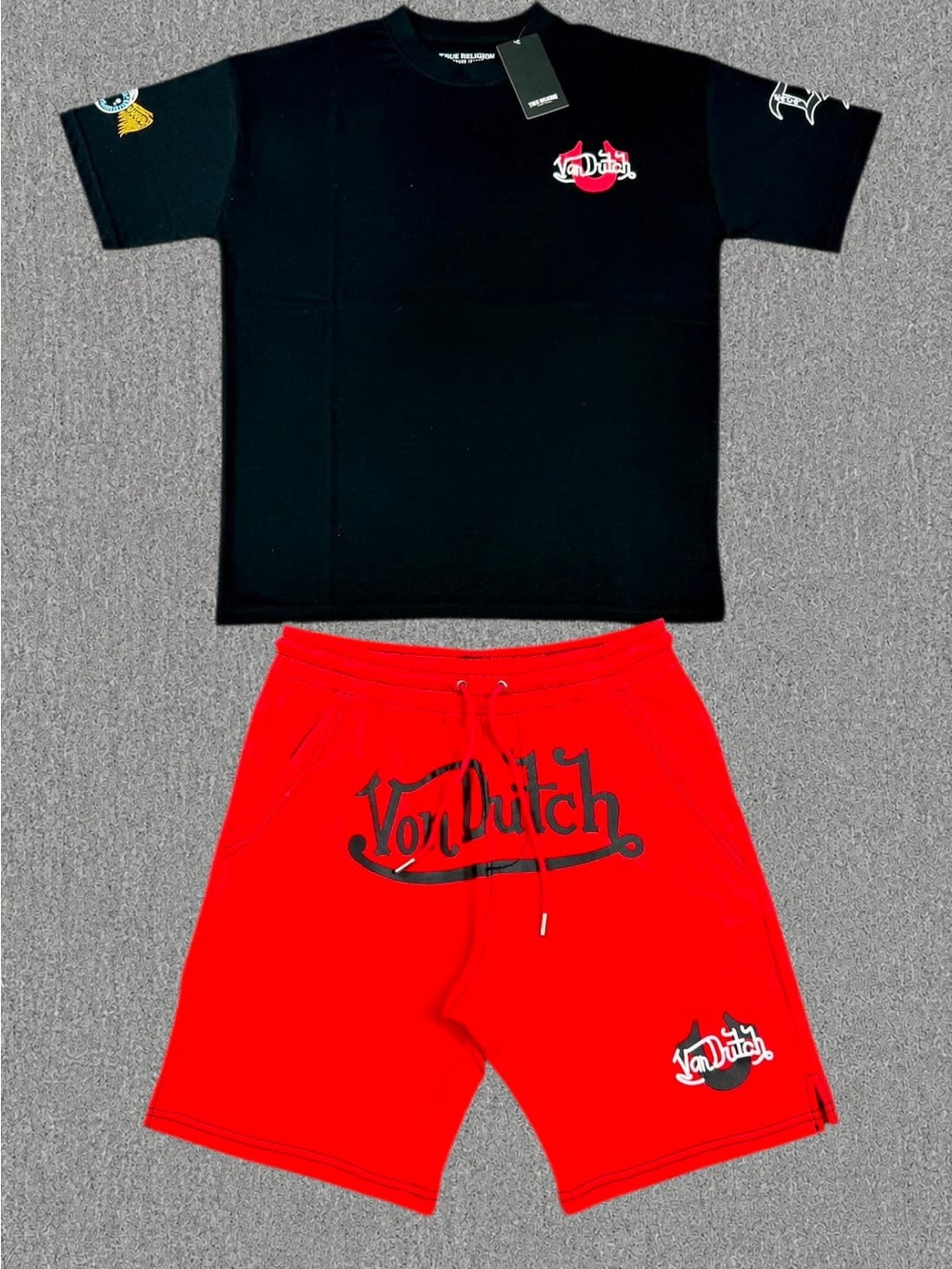 & Other Stories Black Graphic Tee with Red Logo and Red Drawstring Shorts